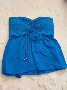 Blue Strapless Crochet-Band Tube Top